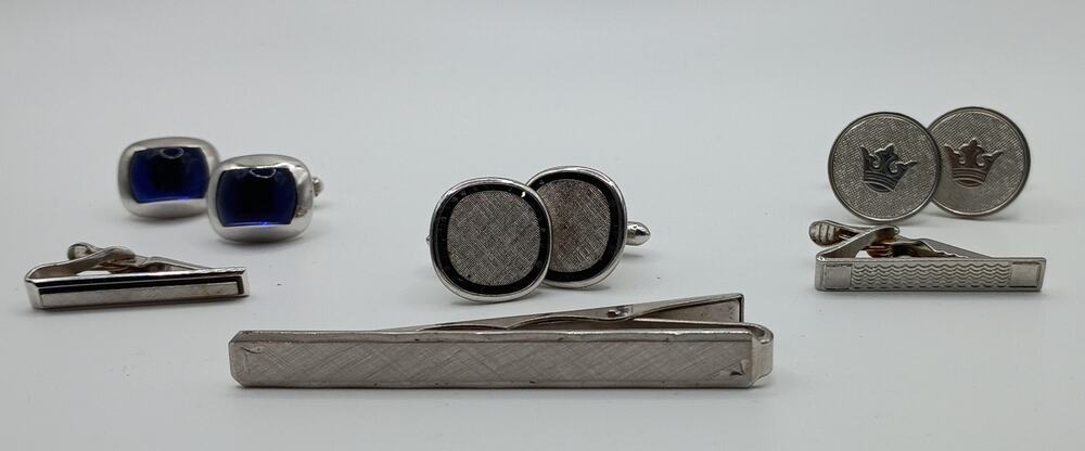 Vintage Men’s Cufflinks & Tie Clips Lot – 6 Pieces Silver Tone